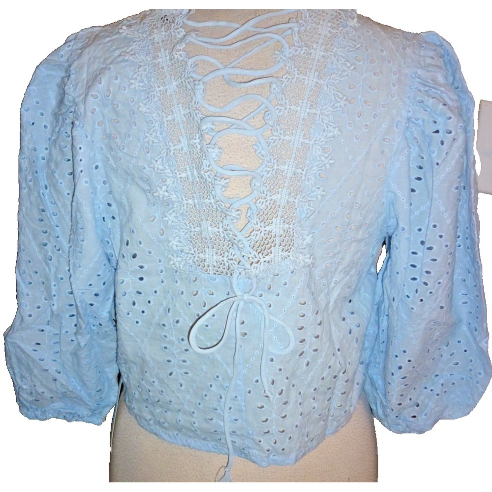 NEW Haute Monde Blue Eyelet Lace Cottagecore Crop Lace up Back Top‎ Cotton sz M